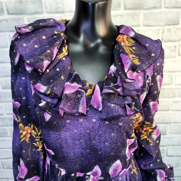 Vintage 70s Vera‎ Mont Paris Purple Floral Print Maxi Dress Ruffle Collar L/S - Picture 2 of 14